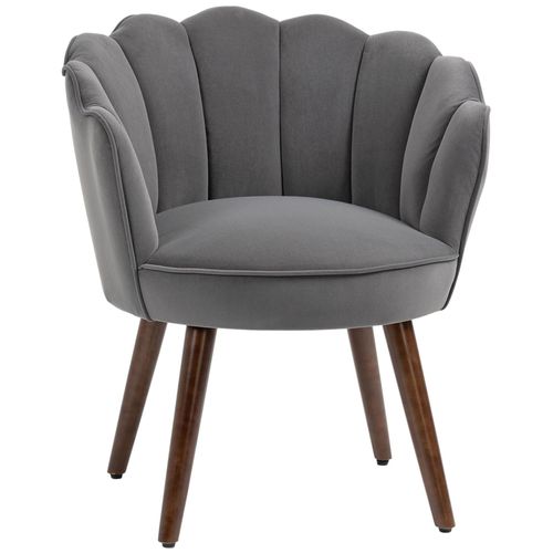 Fauteuil Design Coquillage Piètement Effilé Bois D'hévéa Dossier Enveloppant Strié Aspect Velours Gris