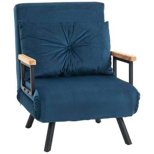 Fauteuil Convertible 3 En 1 Chauffeuse Lit Dossier Réglable Coussin Accoudoirs Bois Velours Bleu