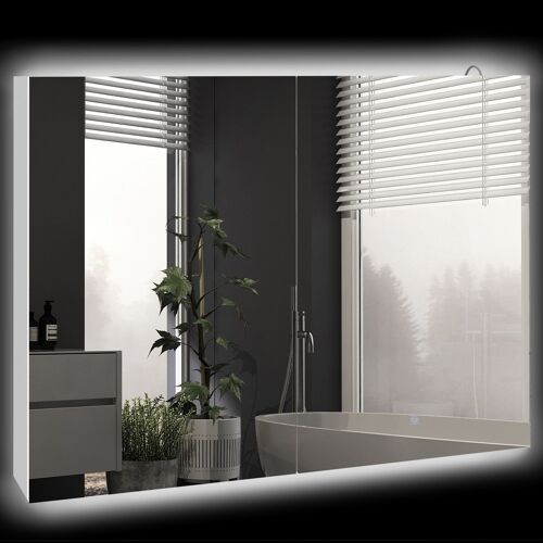 Armoire miroir LED de salle de bain - 2 portes, 2 étagères - tactile, lumière réglable - MDF blanc laqué verre