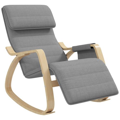 Fauteuil À Bascule - Fauteuil Relax Repose-Pied Réglable, Poche Rangement, Tétière - Bois Tissu Gris