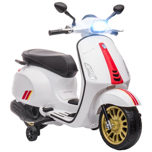 Scooter électrique enfant Vespa 6V - musiques, feu AV, entrée USB, radio FM - 2 roues support aux. - blanc