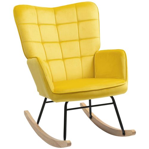 Fauteuil À Bascule Rocking Chair Design - Structure Acier Piètement Bois Effet Velours Jaune