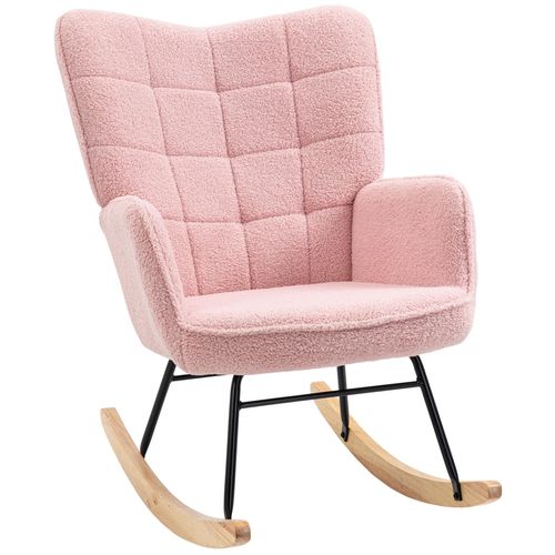 Fauteuil À Bascule Rocking Chair Design - Structure Acier Piètement Bois Tissu Effet Laine Bouclé Rose