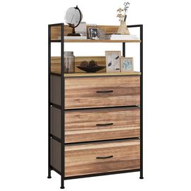 Commode 3 Tiroirs 2 Étagères - Dim. 60l X 29l X 101h Cm - Châssis Piètement Métal Noir Tiroirs Non Tissés Façades Aspect Bois