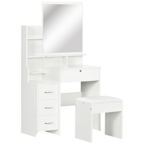 Ensemble Coiffeuse Tabouret Design Contemporain Multi-Rangement 4 Tiroirs 4 Étagères Grand Miroir Blanc