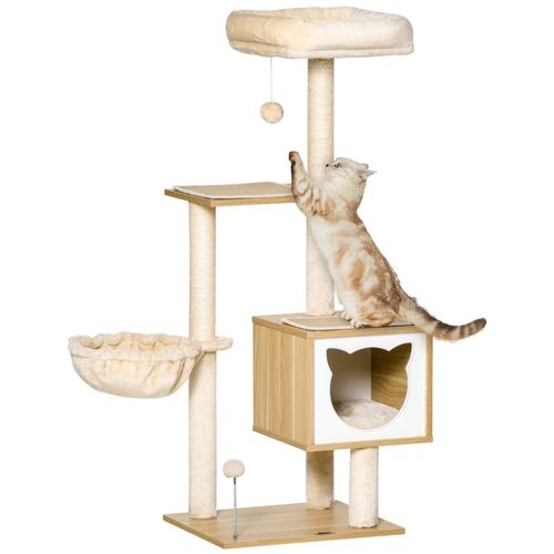 Arbre À Chat Multi-Équipement Griffoirs Grattoirs Niche Hamac Panier Coussins Amovibles H126 Cm Peluche Courte Sisal Naturel Beige