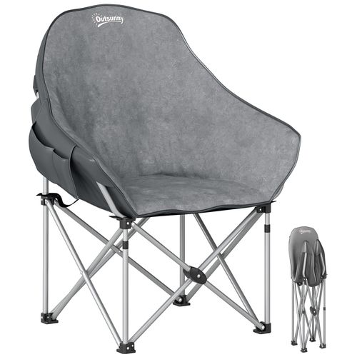 Chaise De Camping Pliante Rembourrée Revêtement Toucher Daim Grand Confort Rangements Sac Inclus Gris