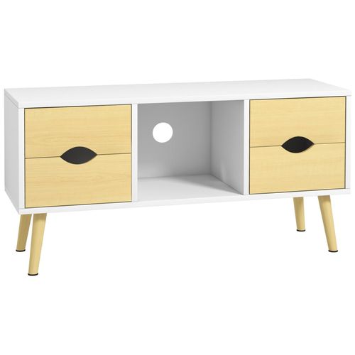 Meuble Tv Style Scandinave 4 Tiroirs Coulissants Niche Passe-Fils Piètement Bois Pin Blanc Aspect Bois Clair