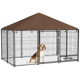 Chenil Extérieur Couvert Pour Chien 2 Supports Gamelles Rotatifs Porte Verouillable Acier Noir