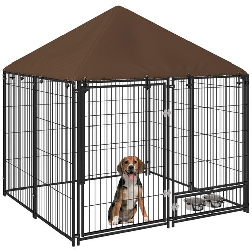 Chenil Extérieur Pour Chiens En Métal Et Tissu Oxford Avec Support Gamelle Et Toit Résistant Aux Intempéries Espace Spacieux 141l X 141l X 151h Cm Noir