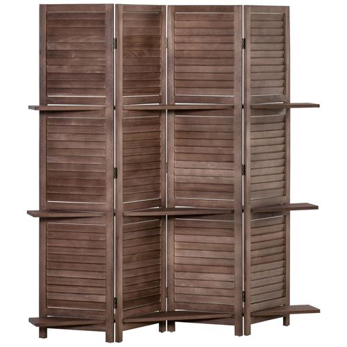 Paravent intérieur 4 panneaux 3 étagères pliables séparateur de pièce portes persiennes bois de paulownia aspect acajou foncé