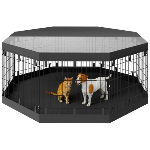 Parc Enclos Chien Modulable Intérieur 8 Panneaux Pliables - Porte, Bâche Bas Haut - Acier Noir