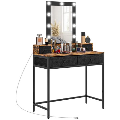 Coiffeuse Style Industriel - Miroir Led Réglable - 4 Tiroirs Tissu - Acier Noir Aspect Bois Vieilli