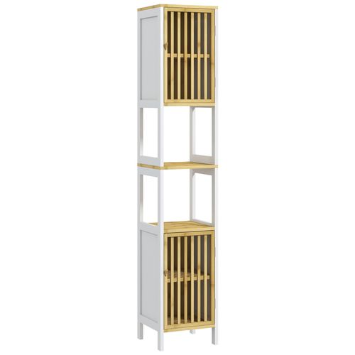 Meuble Colonne Salle De Bain 2 Portes 4 Étagères Mdf Blanc Bambou Verni