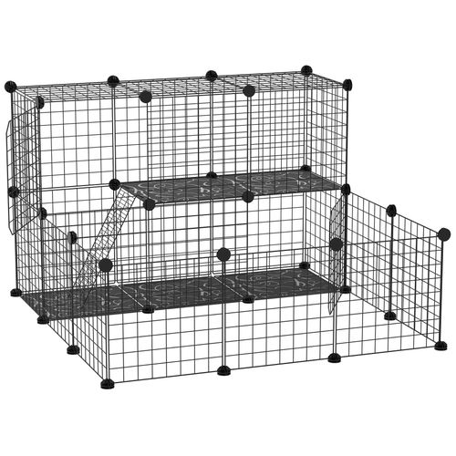 Cage Parc Enclos Rongeurs Modulable Dim. L 105 X L 105 X H 70 Cm 2 Niveaux 2 Portes Rampe Résine Pp Fil Métallique Noir