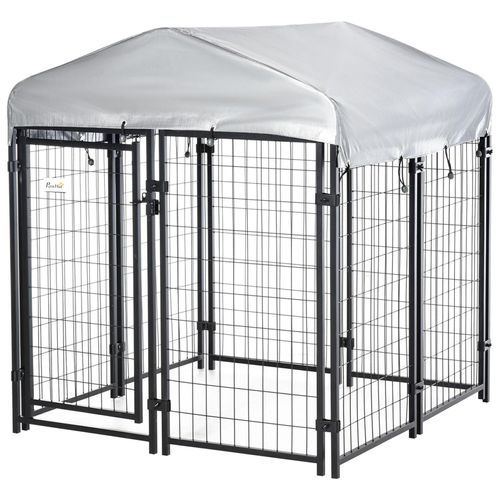 Chenil Cage Enclos Chien Entièrement Couvert - Porte Verrouillable - 120 X 120 X 138cm - Gris Métal Noir