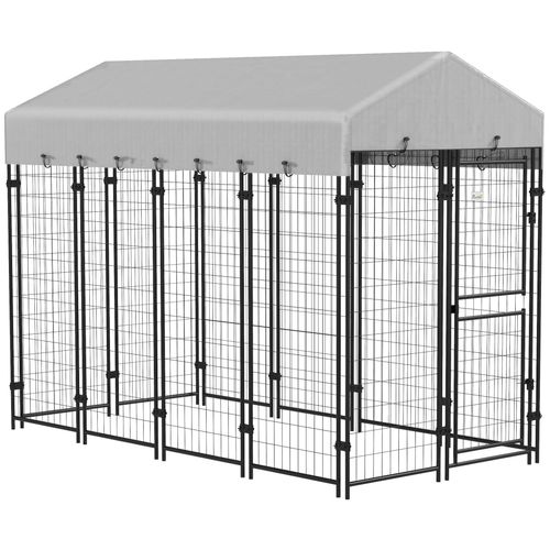 Chenil Extérieur Chien - Cage Chien - Enclos Chien - Toile Toit Imperméable Anti-Uv, 2 Portes Verrouillables - Acier Noir Pe Gris