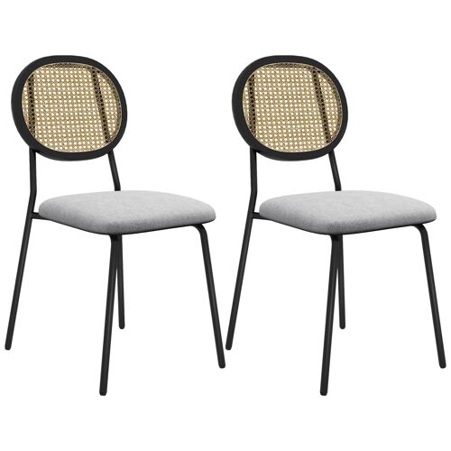 Lot de 2 chaises style vintage piètement structure acier noir dossier ovale aspect rotin assise tissu gris