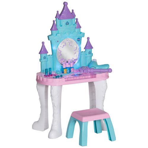Ensemble Coiffeuse Tabouret Enfant Design Château - Nombreux Accessoires - Effets Lumineux Sonores - Bleu Blanc Rose
