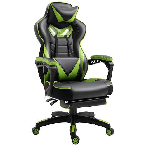 Vinsetto Fauteuil de bureau gamer style baquet racing - pivotant, inclinable - coussin lombaire, tétière, repose-pieds inclus - revêtement synthétique vert noir