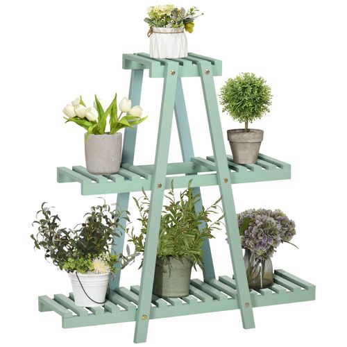 Étagère À Fleurs Pyramidale En Bois - Porte Plante Bois 3 Étagères - Dim. 76l X 26l X 76h Cm - Sapin Vert D'eau