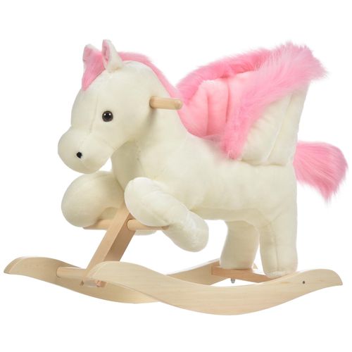 Cheval à bascule fonction musicale selle grand confort peluche courte douce bois peuplier blanc et rose dim. 70L x 28l x 57H cm