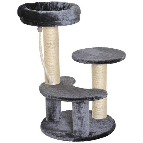 Arbre À Chats 2 Griffoirs Grattoirs Sisal Naturel 3 Plateformes Corde À Grimper Dim. Ø 40 X 65h Cm Peluche Haute Densité 500 G/M² Gris