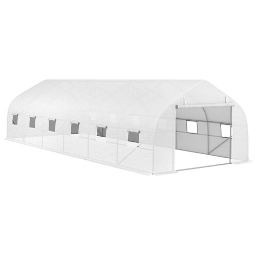 Serre Tunnel Grande Taille 24 M² Châssis Tubulaire Acier Galvanisé Renforcé 2,4 Cm 12 Fenêtres 1 Porte Blanc