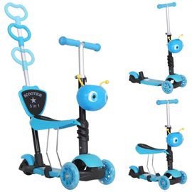 Trottinette Pour Enfants Trottinette 3 Roues Évolutive 3 En 1 Hauteur Guidon Réglable Canne Telescopique Selle Dossier Amovible Bleu