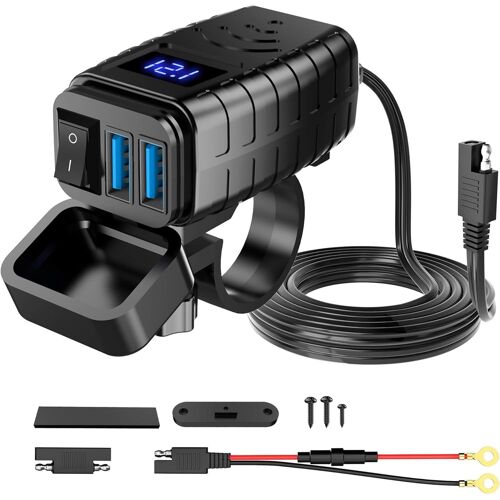 KAL-Prise USB Moto Étanche : Quick Charge 3.0 Double Prise USB pour Moto avec Interrupteur On/Off et Mètre de Tension LED pour Moto Auto SUV Marine 12V 24V
