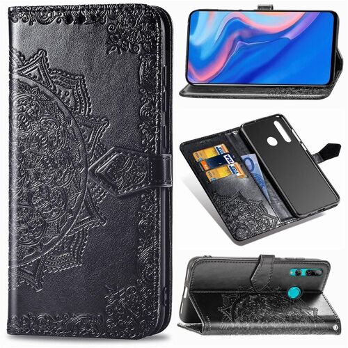Huawei Y9 Prime 2019 Coque, Saturcase Mandala Gaufrage Pu Cuir Magnétique Flip Portefeuille Support Porte-Carte Protecteur Coque Housse Étui Avec Dragonne Pour Huawei Y9 Prime 2019 (Noir)