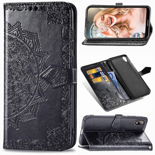 Huawei Y5 2019 Coque, Saturcase Mandala Gaufrage Pu Cuir Magnétique Flip Portefeuille Support Porte-Carte Protecteur Coque Housse Étui Avec Dragonne Pour Huawei Y5 2019 (Noir)