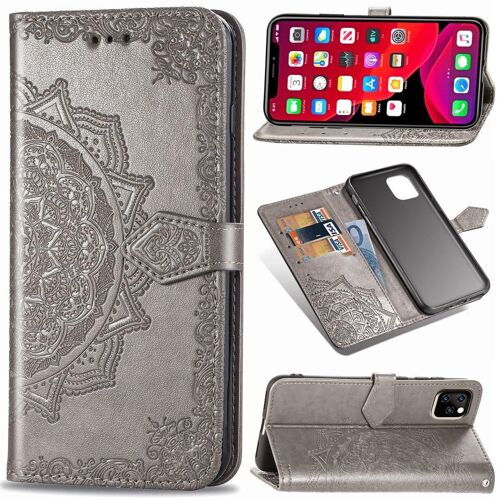 Apple Iphone 2019 6.1" Coque, Saturcase Mandala Gaufrage Pu Cuir Magnétique Flip Portefeuille Support Porte-Carte Protecteur Coque Housse Étui Avec Dragonne Pour Apple Iphone 2019 6.1" (Gris)