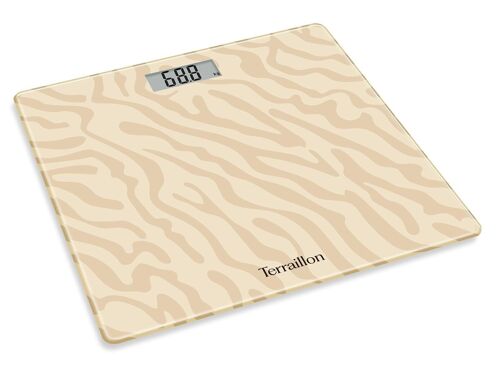 KALANKA-TERRAILLON - ONE GOLDEN SAND- Balance pèse personne électronique, Compact et ultra plat, Plateau en verre 27cm x 27 cm, Ecran LCD, Capacité 160Kg, Graduation 100g, Sérigraphie Sable Or