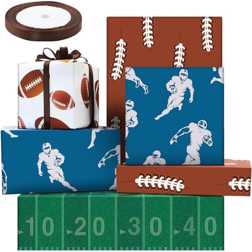 Lot De 4 Feuilles De Papier Cadeau De Ballon De Rugby ,50 X 70 Cm Par Feuille 4 Motifs Avec Ruban De Soie De 22 M ,Papier Cadeau Pour Ballon De Football Rugby Fête D'anniversaire