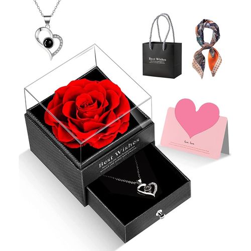 Everlasting Rose Birthday Gift For Her Mother And Women Preserved With I Love You Necklace In A Box Girlfriend Wife Grandmother Birthday Christmas (Red)