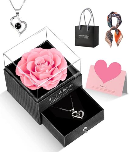 Rose Eternelle Préservée Vraie Fleur Fête des Mères Idee Cadeau Original avec Bijoux pour Maman Femmes Épouse Coffret Cadeau avec Collier Saint Valentin Anniversaire Noël(Classique Rosa)