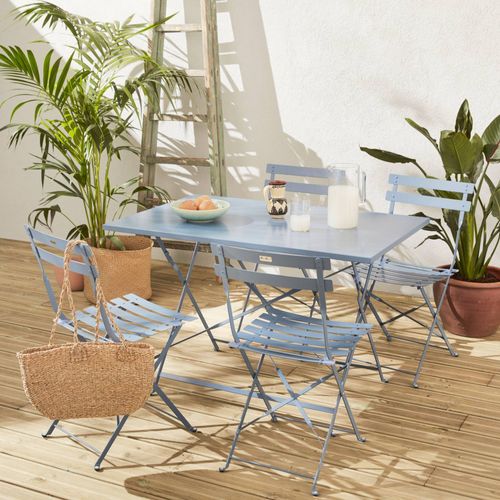 Salon De Jardin Bistrot Pliable - Emilia Rectangulaire Bleu Grisé - Table 110x70 Cm Avec Quatre