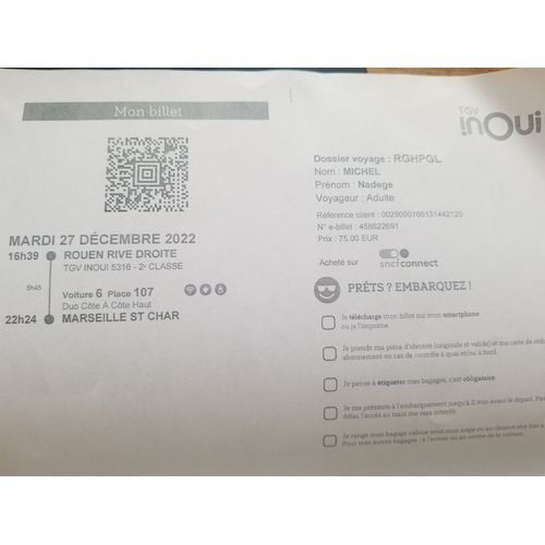 Billet Tgv Rouen-Marseille 27/12