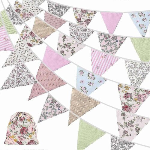 40ft Fabric Bunting, 42pcs Outdoor Bunting Banner, floral Vintage Cotton Triangle Flag For Party Deco