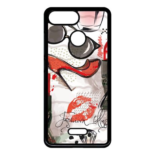 Coque Pour Smartphone - Motif Girly Fond Blanc - Compatible Avec Xiaomi Redmi 6 - Plastique - Bord Noir
