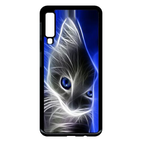 Coque Pour Smartphone - Chat Eyes Blue - Compatible Avec Samsung Galaxy A7 (2018) - Plastique - Bord Noir