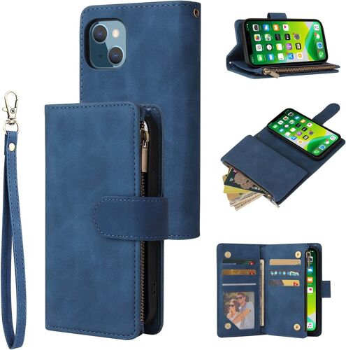 Coque Pour Iphone 13 6.1 Inch, Pu Flip Case Fentes De Cartes Fonction Support, Fermeture - Bleu