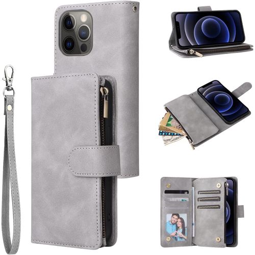 Coque Pour Iphone 13 Pro Max 6.7 Inch, Pu Flip Case Fentes De Cartes Fonction Support, Fermeture - Gris