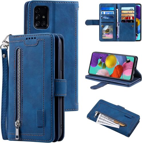 Coque pour Samsung Galaxy A51, PU Flip Case Anti-Choc Fentes de Cartes Fonction Support, Fermeture - Bleu