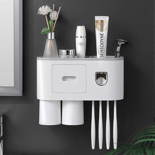 Salle de bain Porte-brosse à dents mural avec distributeur automatique de dentifrice, 4 fentes de brosse à dents avec couvercle anti-poussière