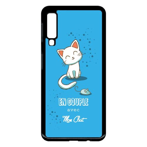 Coque Pour Smartphone - En Couple Avec Mon Chat Fond Bleu - Compatible Avec Samsung Galaxy A7 (2018) - Plastique - Bord Noir