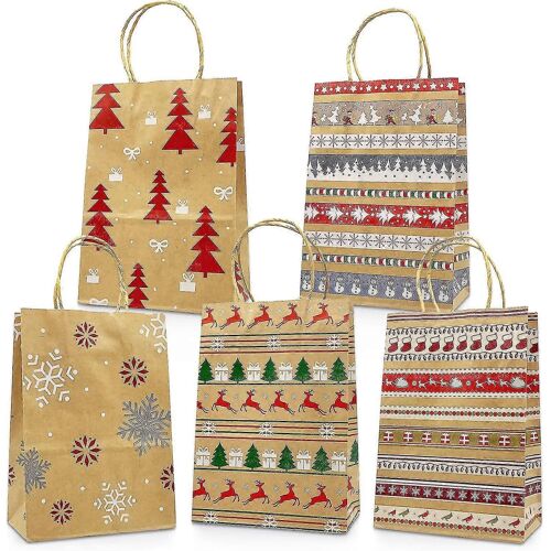 Sacs cadeaux de Noël Kraft 20 sacs de style assortis Sacs en papier de Noël avec poignées Sacs cadeaux de Noël avec impressions de Noël pour l'emballage cadeau de Noël