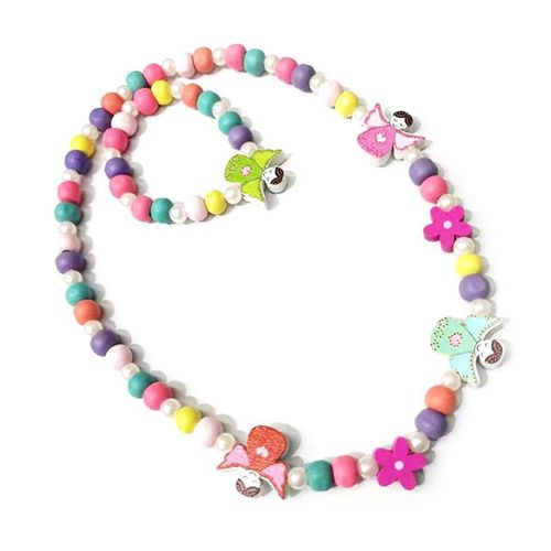 Ensemble Collier Et Bracelet De Perles En Bois Pour Filles, Bijoux De Princesse, Couleurs Mélangées, Cadeaux De Journée Pour Enfants, 1 Ensemble