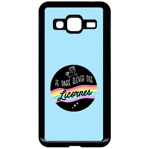 Coque Pour Smartphone - Je Pars Elever Des Licornes Arc En Ciel Fond Bleu - Compatible Avec Samsung Galaxy J3 (2016) - Plastique - Bord Noir